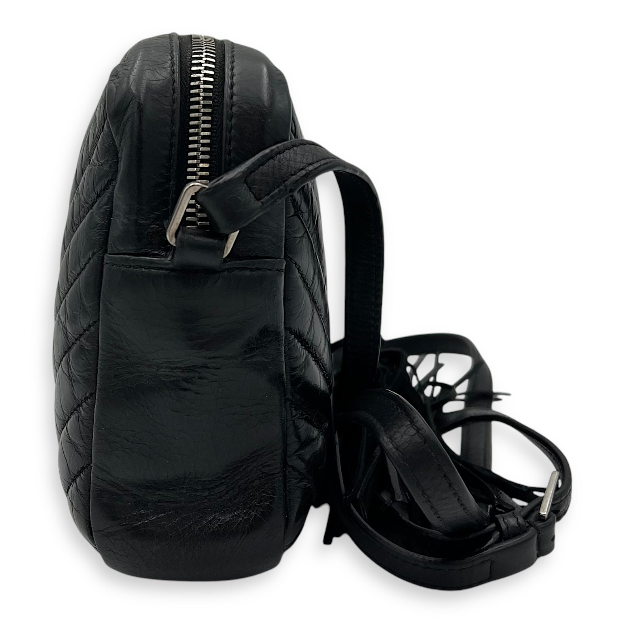 Lou Camera Shoulder Bag Black in Crinkled calfskin, Silver hardware
