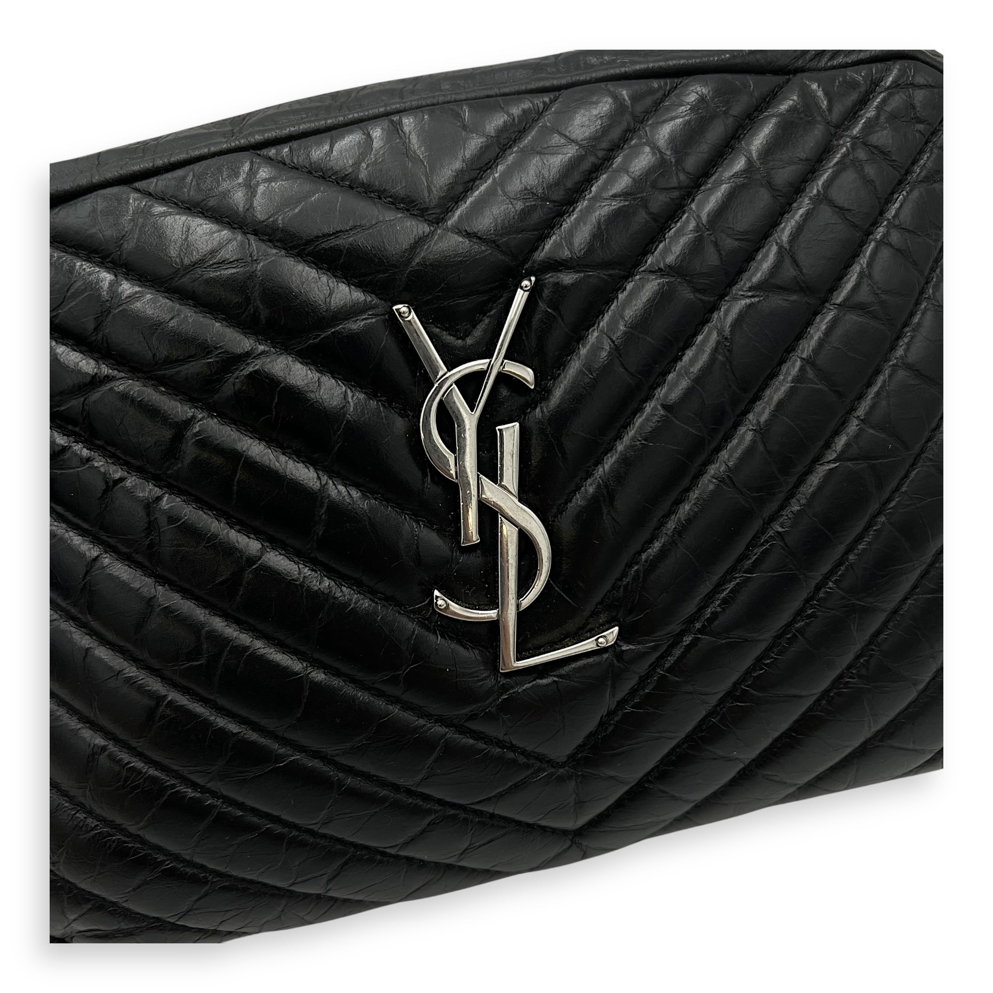 Lou Camera Shoulder Bag Black in Crinkled calfskin, Silver hardware