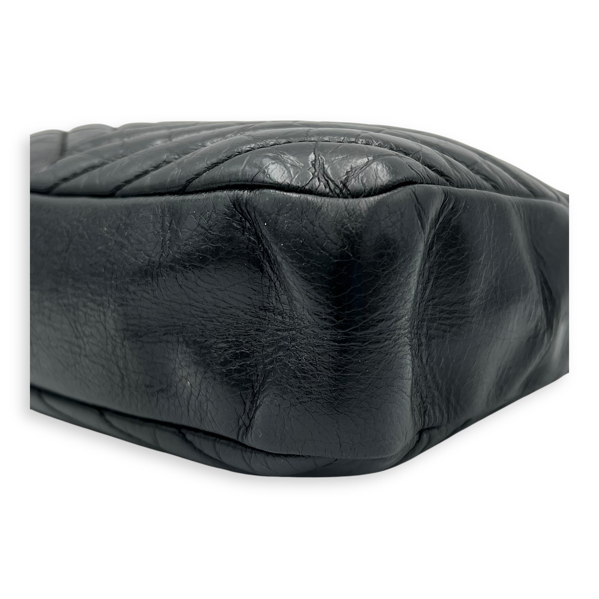 Lou Camera Shoulder Bag Black in Crinkled calfskin, Silver hardware