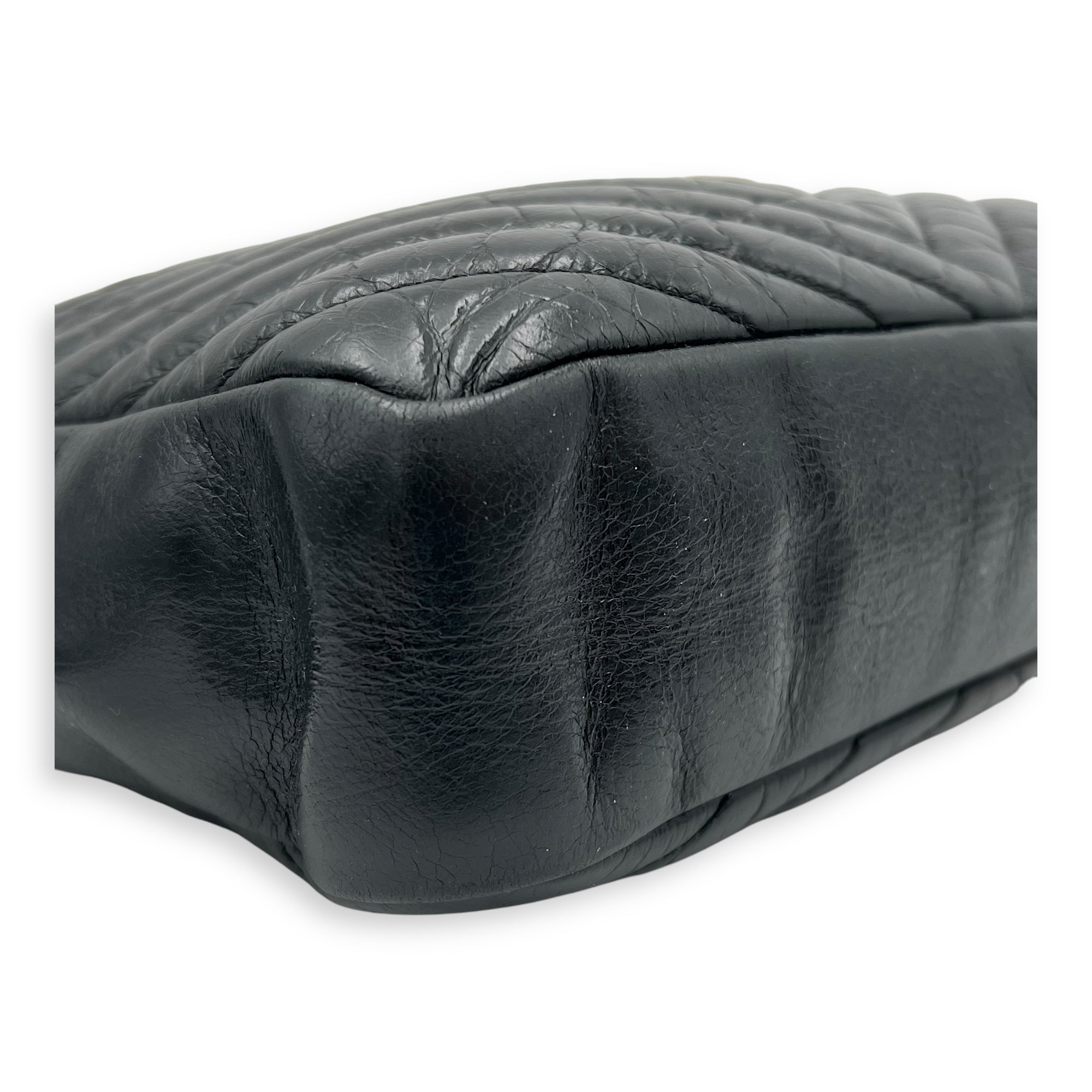 Lou Camera Shoulder Bag Black in Crinkled calfskin, Silver hardware