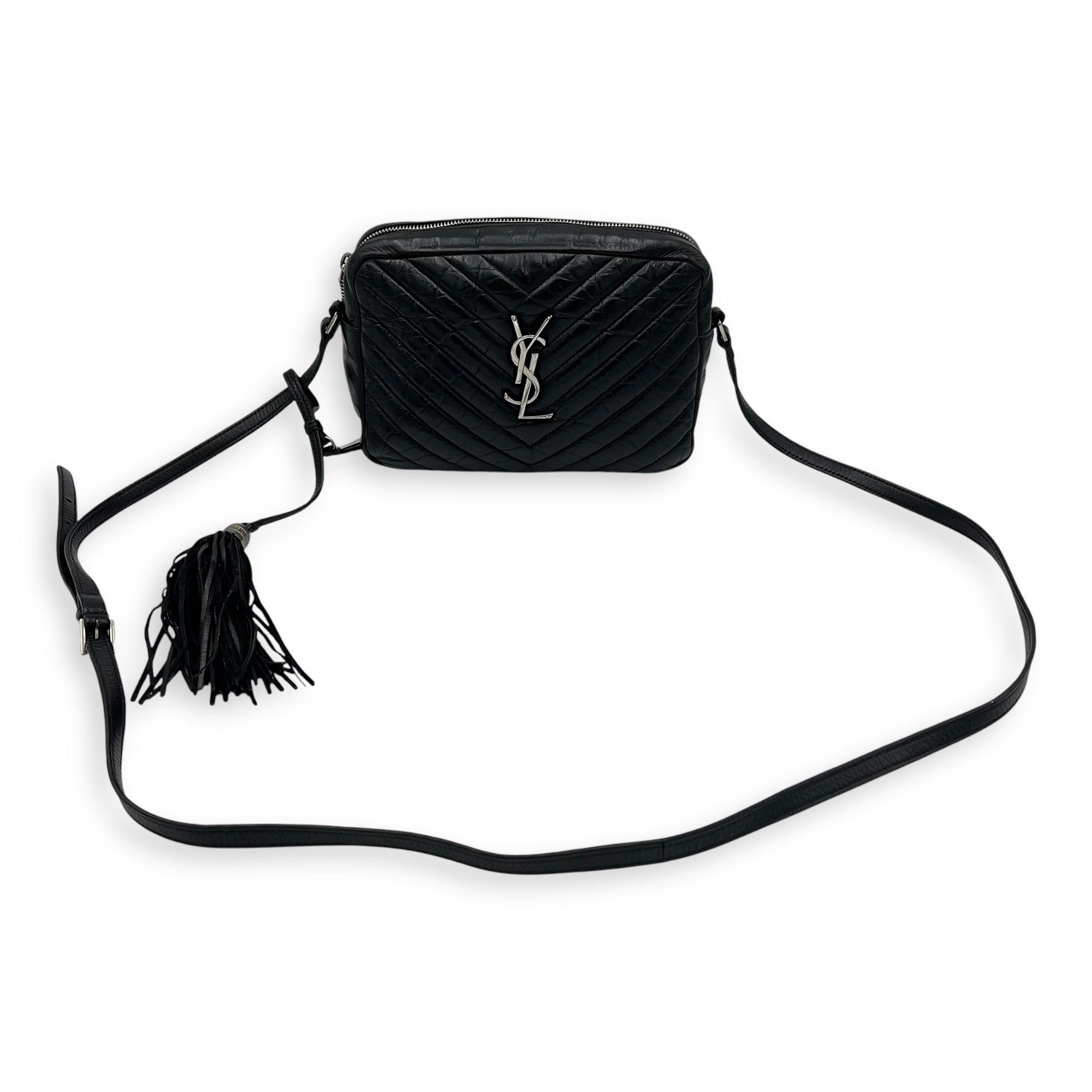 Lou Camera Shoulder Bag Black in Crinkled calfskin, Silver hardware
