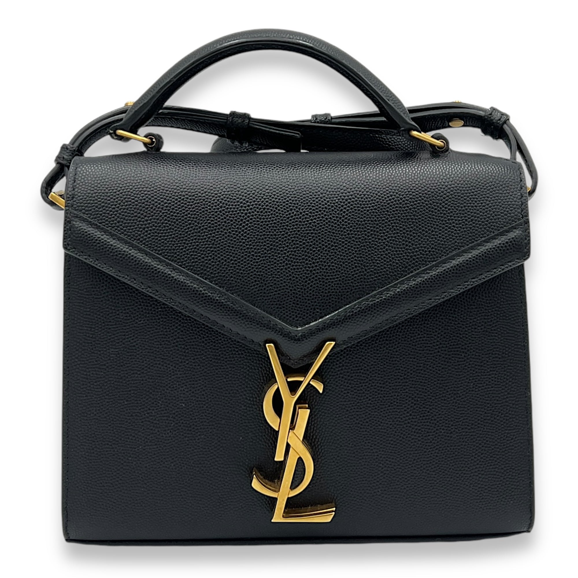 Cassandra Mini Black Top Handle Bag in Caviar Leather, Gold hardware