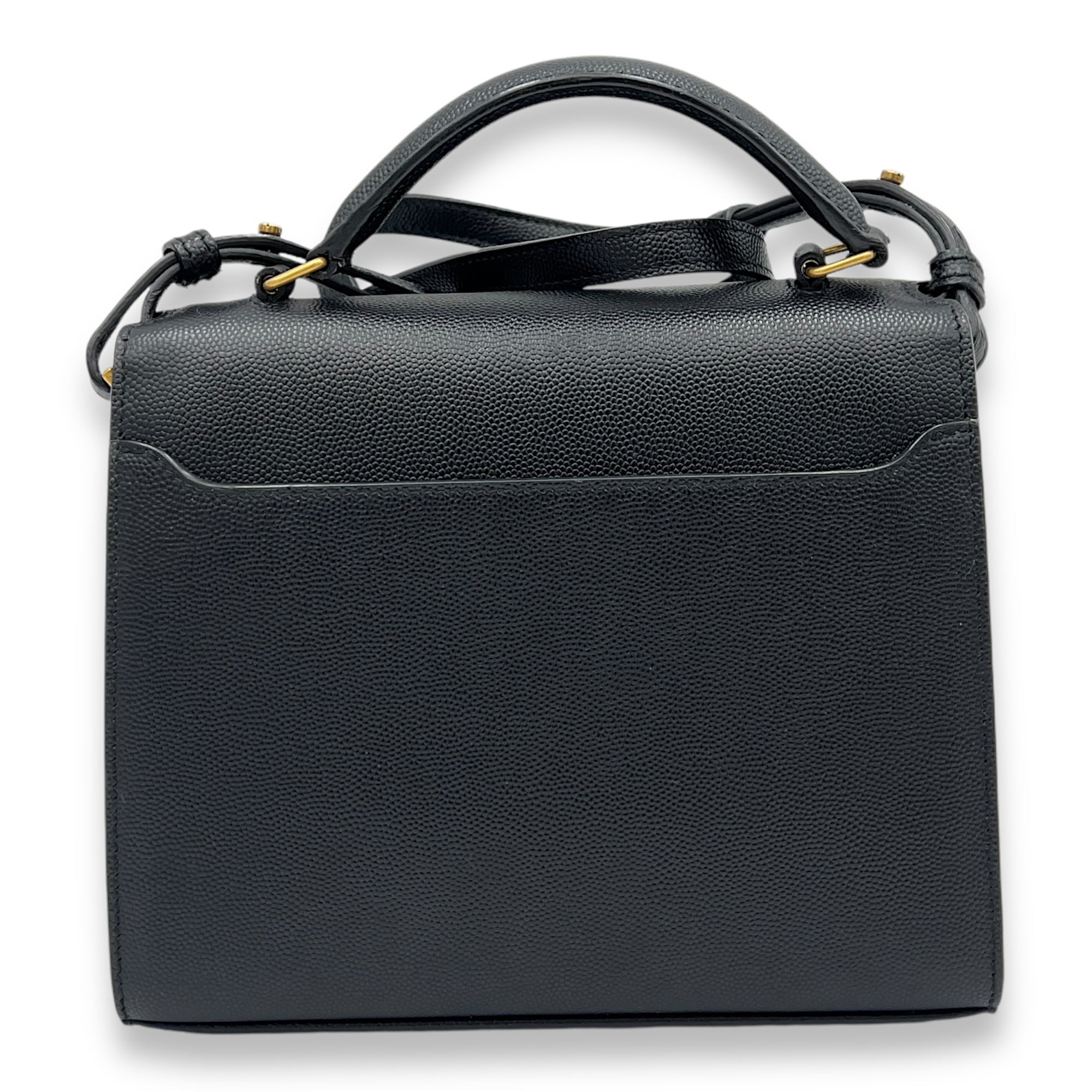 Cassandra Mini Black Top Handle Bag in Caviar Leather, Gold hardware