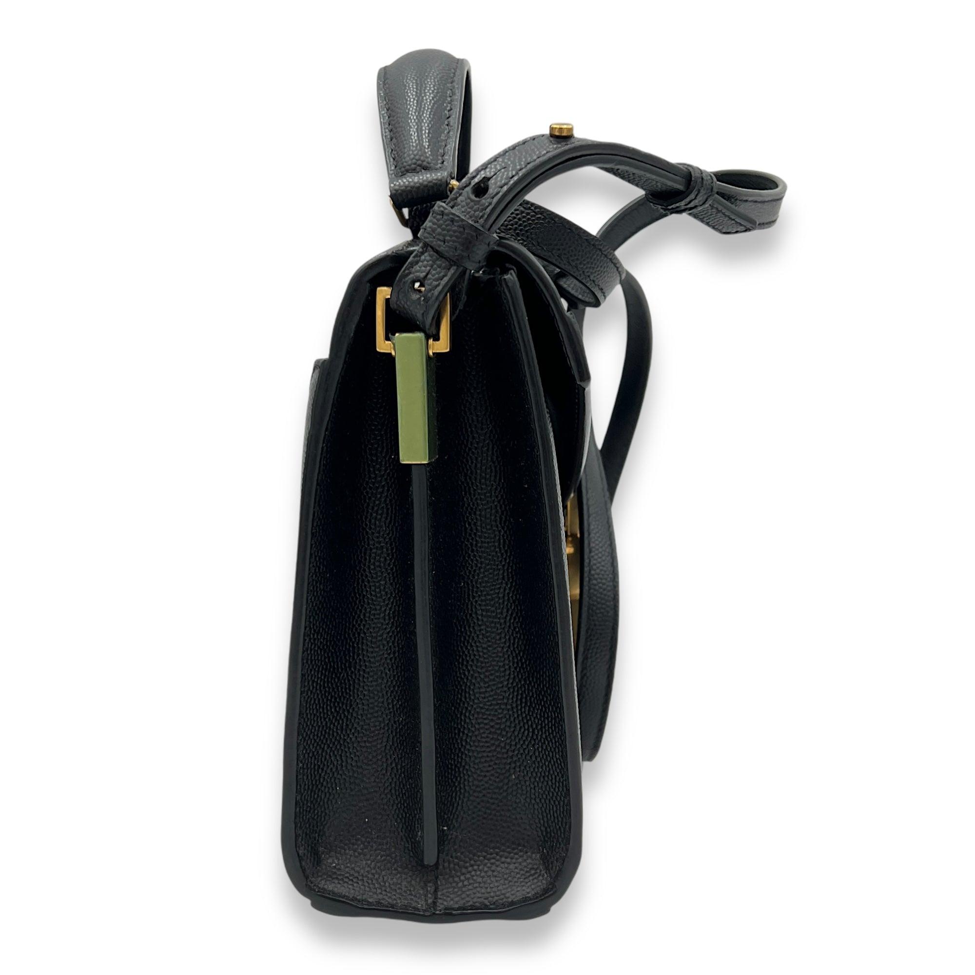 Cassandra Mini Black Top Handle Bag in Caviar Leather, Gold hardware