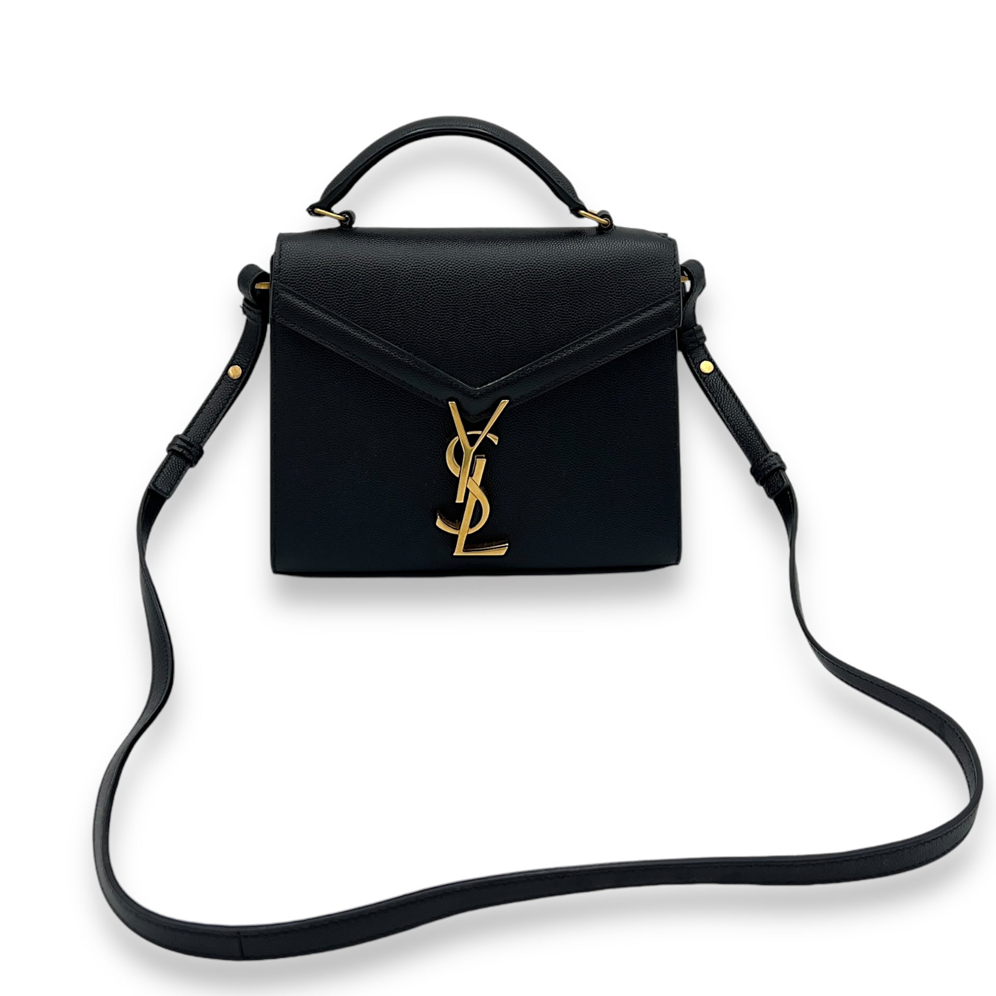 Cassandra Mini Black Top Handle Bag in Caviar Leather, Gold hardware