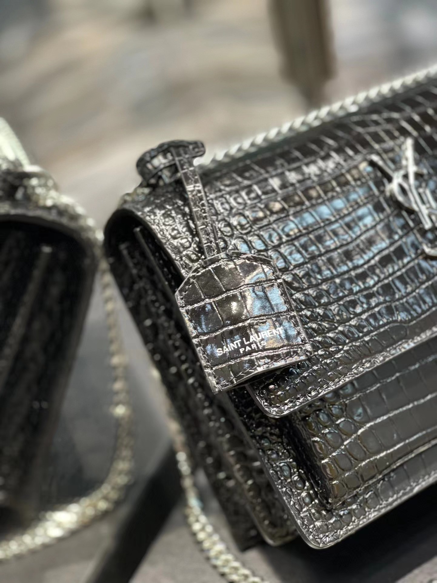 YSL Black Embossed Leather Shoulder Bag