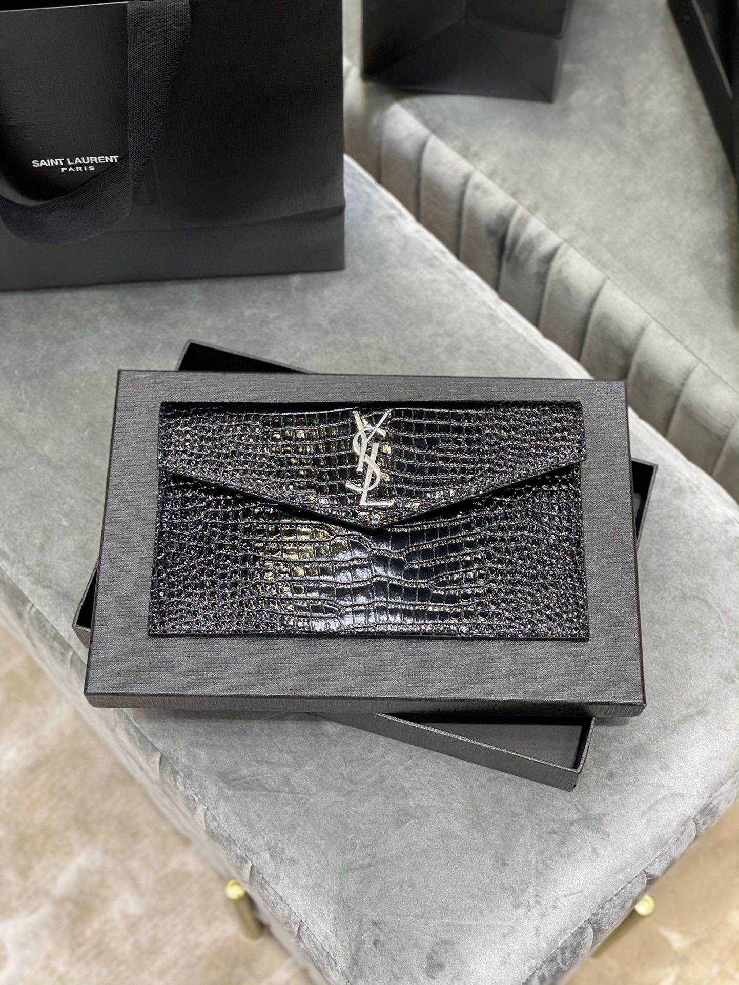 SAINT LAURENT Uptown POUCH IN CROCODILE-EMBOSSED SHINY LEATHER BLACK-Silver hardware - Bag