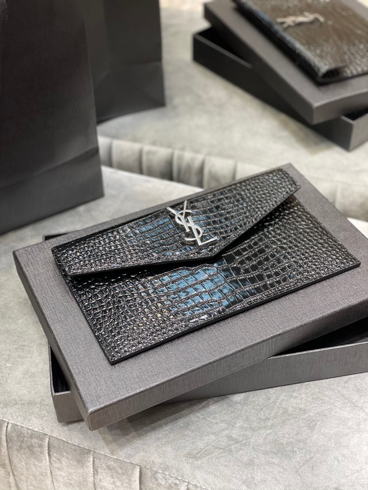 SAINT LAURENT Uptown POUCH IN CROCODILE-EMBOSSED SHINY LEATHER BLACK-Silver hardware - Bag