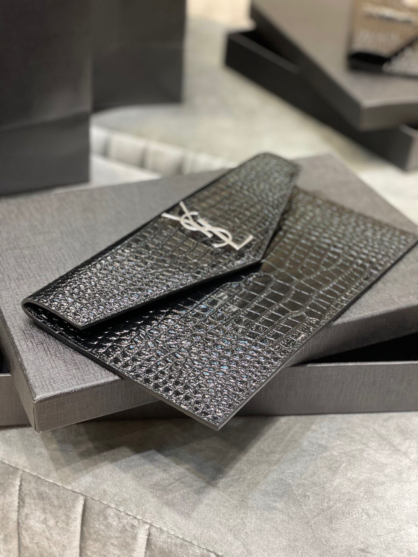 SAINT LAURENT Uptown POUCH IN CROCODILE-EMBOSSED SHINY LEATHER BLACK-Silver hardware - Bag