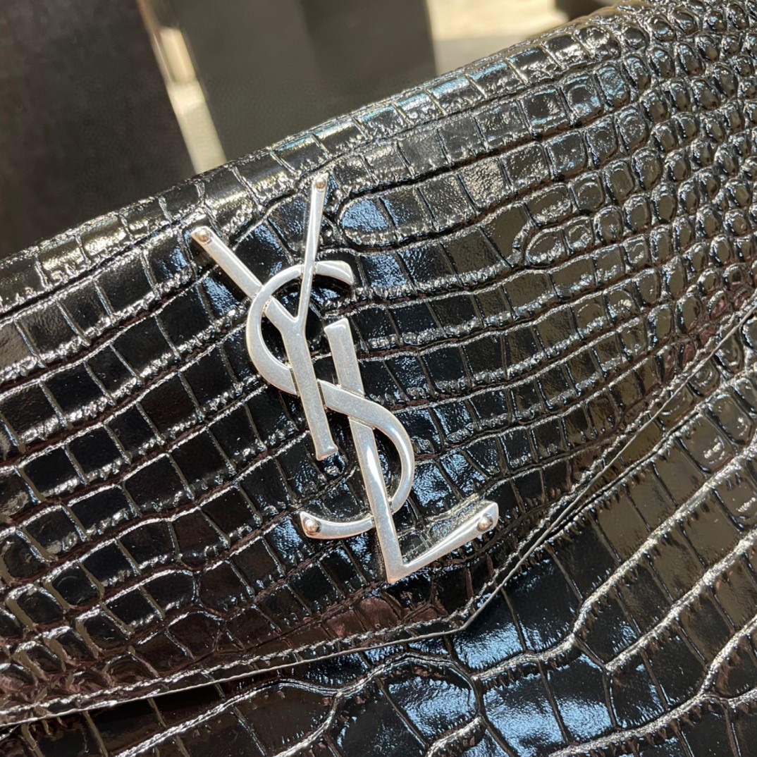 SAINT LAURENT Uptown POUCH IN CROCODILE-EMBOSSED SHINY LEATHER BLACK-Silver hardware - Bag