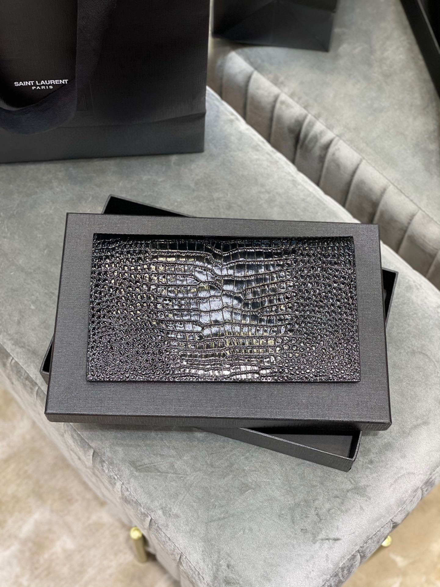 SAINT LAURENT Uptown POUCH IN CROCODILE-EMBOSSED SHINY LEATHER BLACK-Silver hardware - Bag