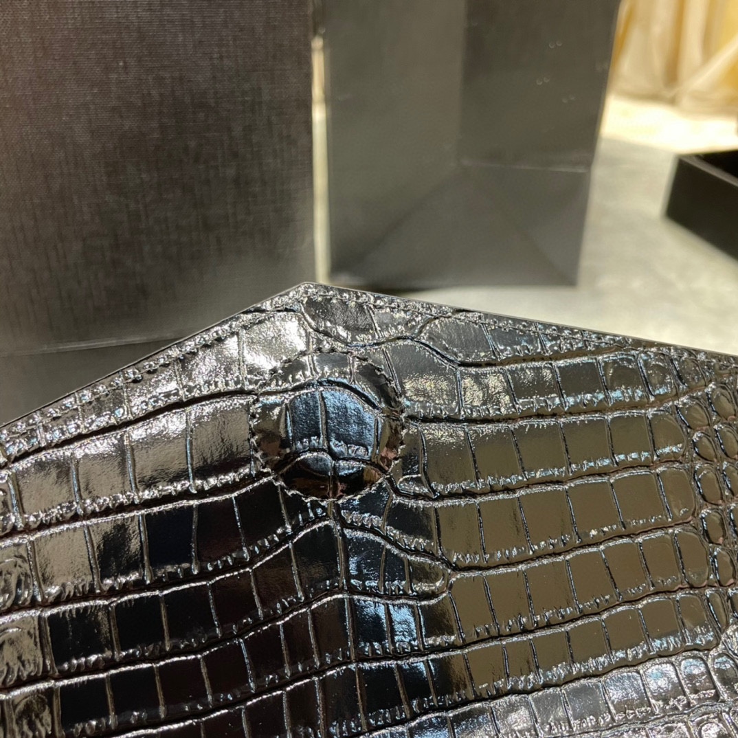 SAINT LAURENT Uptown POUCH IN CROCODILE-EMBOSSED SHINY LEATHER BLACK-Silver hardware - Bag