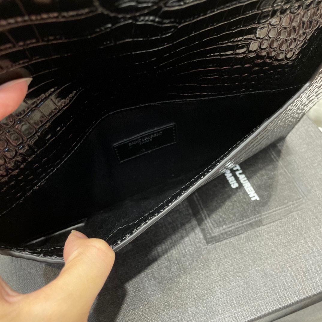 SAINT LAURENT Uptown POUCH IN CROCODILE-EMBOSSED SHINY LEATHER BLACK-Silver hardware - Bag