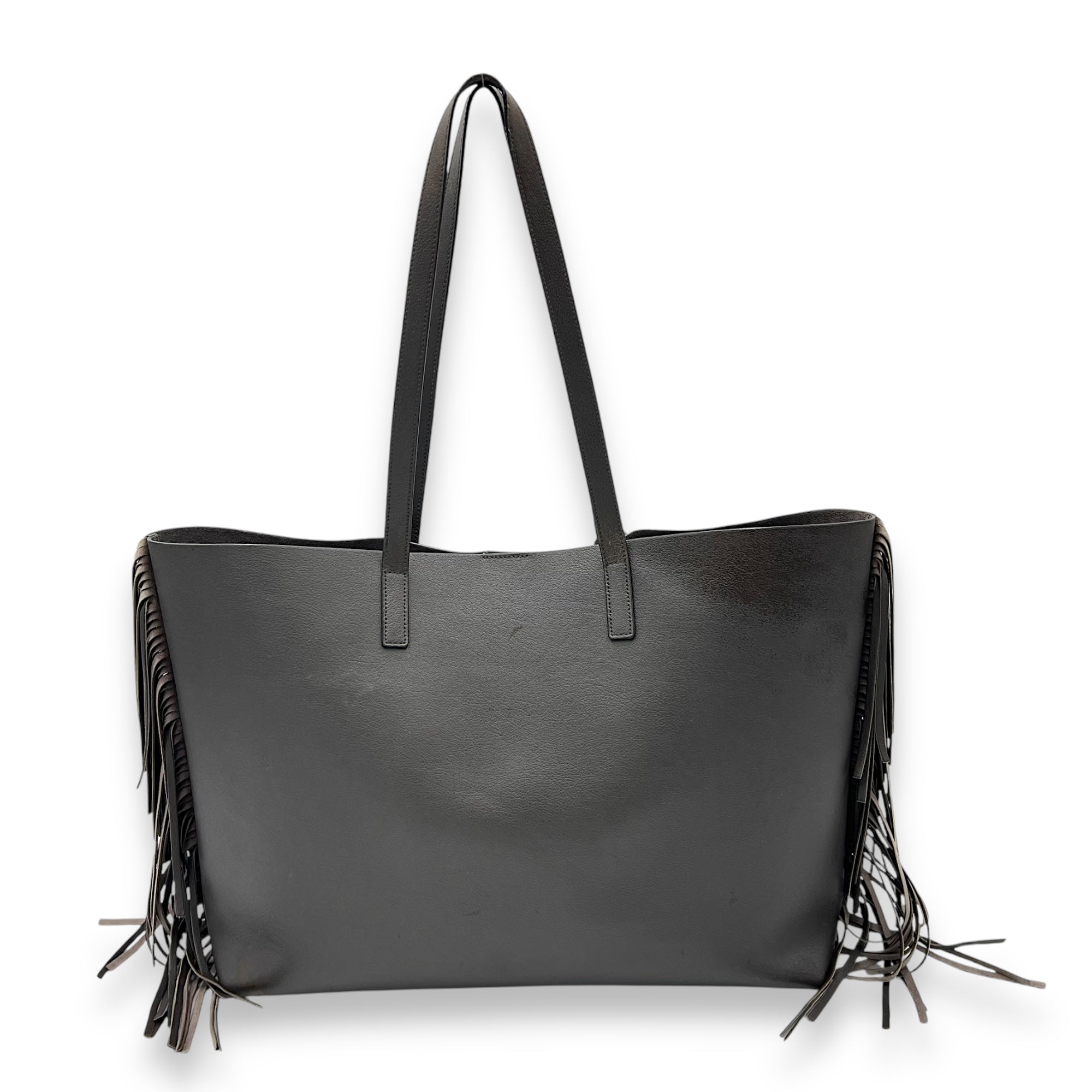 East West Shopping Fringe Tote Bag Grey in Calfskin, Silver hardware