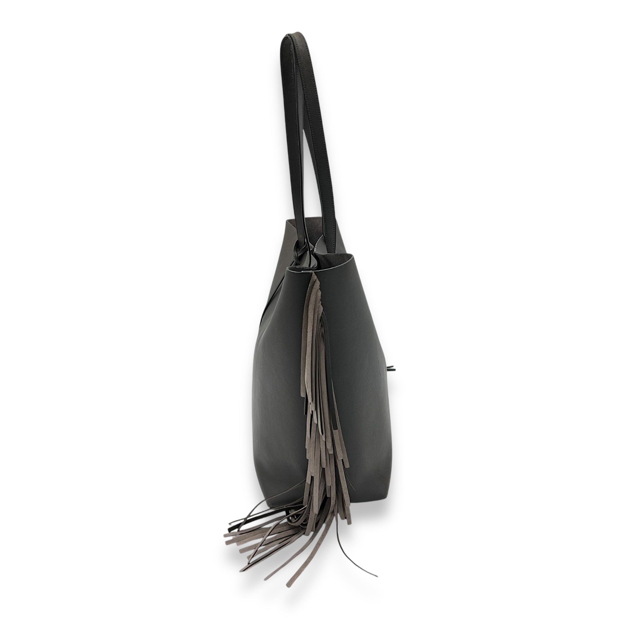 East West Shopping Fringe Tote Bag Grey in Calfskin, Silver hardware
