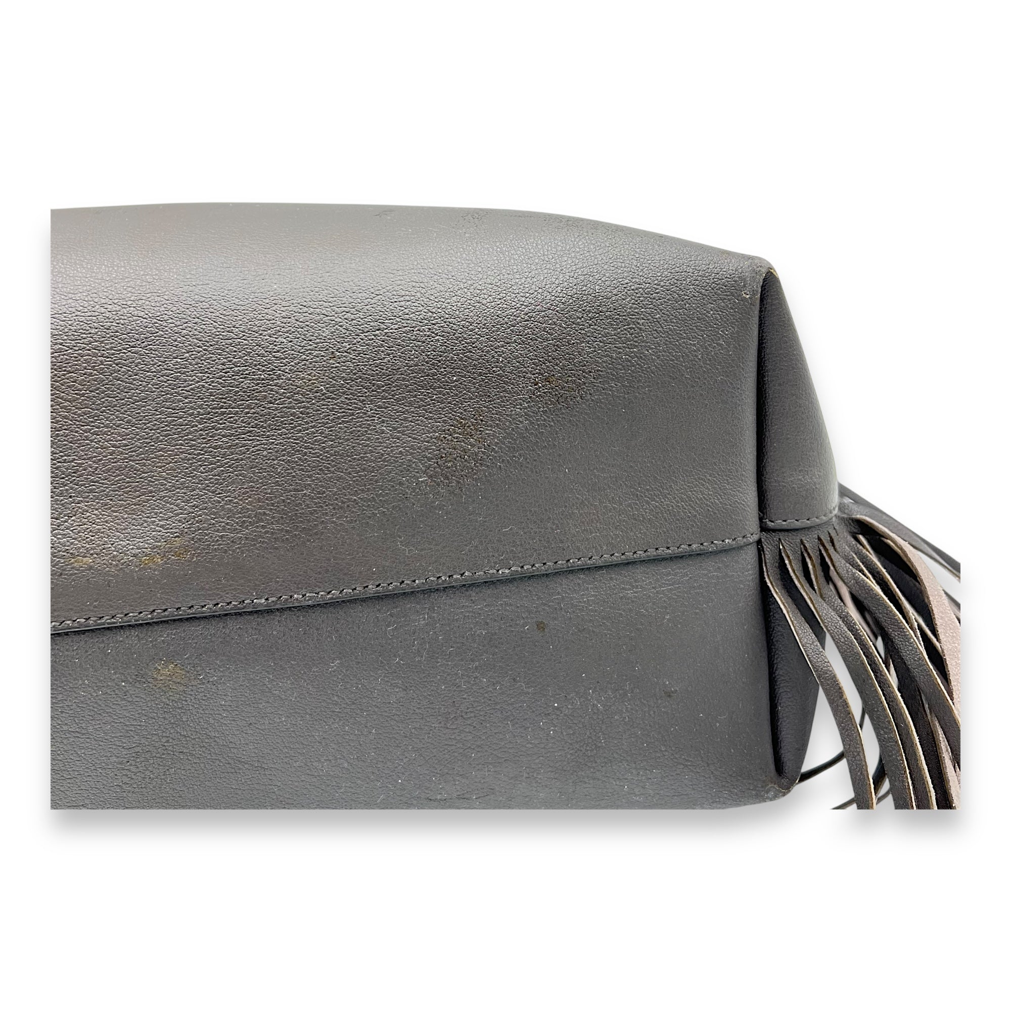 East West Shopping Fringe Tote Bag Grey in Calfskin, Silver hardware