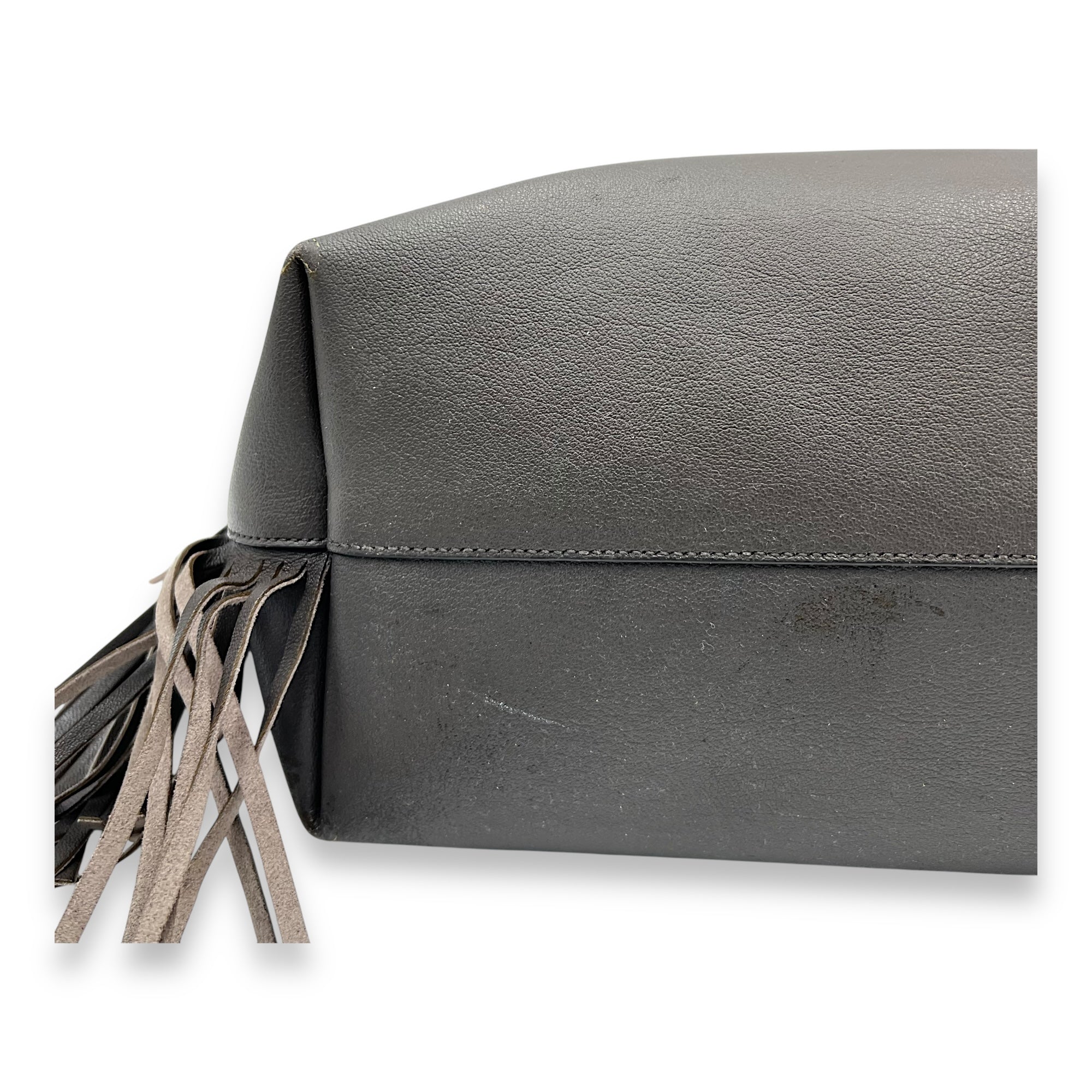 East West Shopping Fringe Tote Bag Grey in Calfskin, Silver hardware