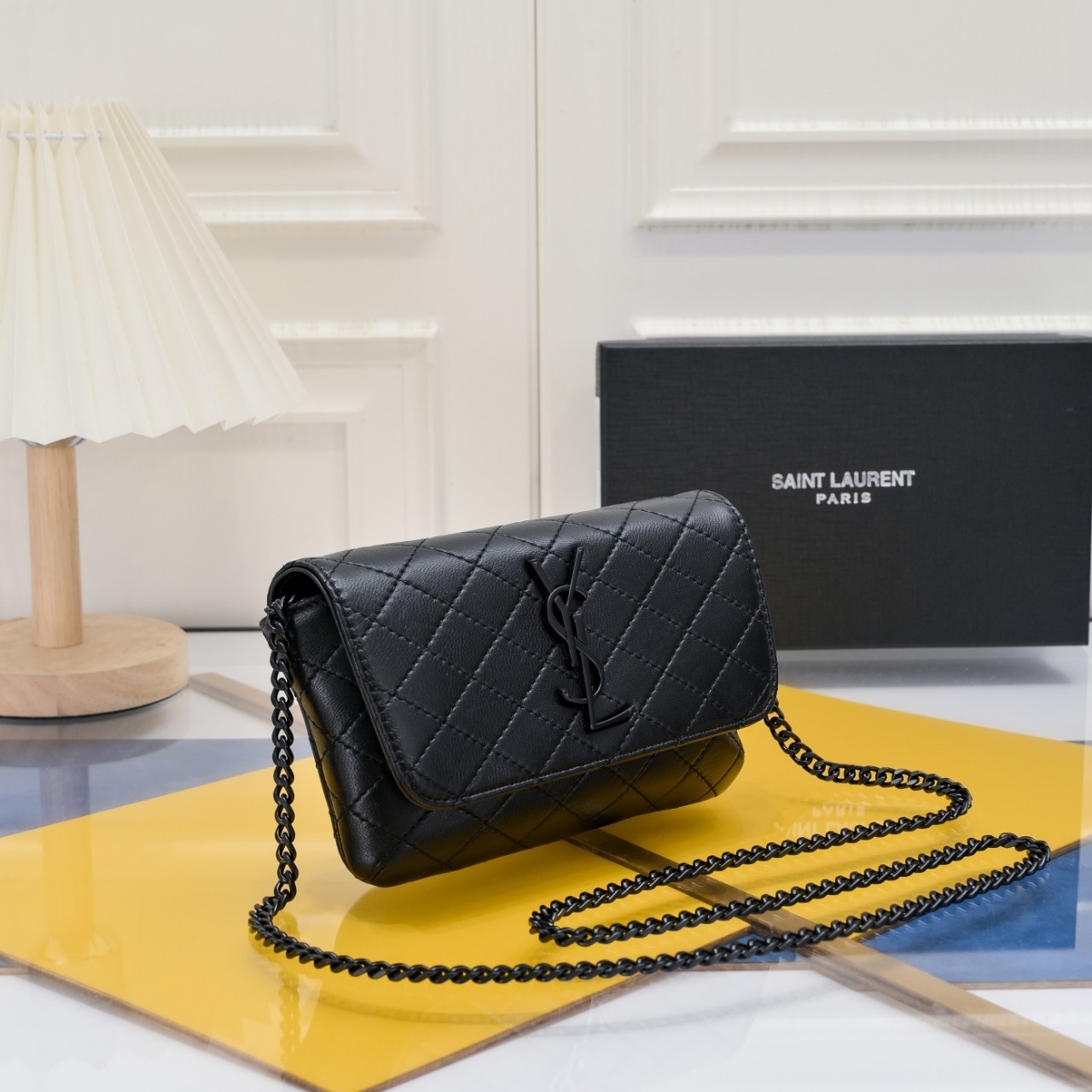 SAINT LAURENT BLACK GABY CHAIN PHONE HOLDER IN QUILTED Calfskin-BLACK HARDWARE - Bag