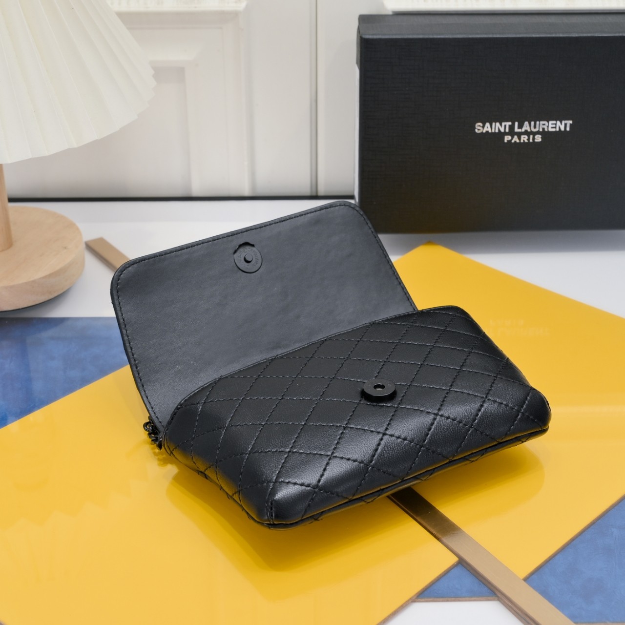 SAINT LAURENT BLACK GABY CHAIN PHONE HOLDER IN QUILTED Calfskin-BLACK HARDWARE - Bag