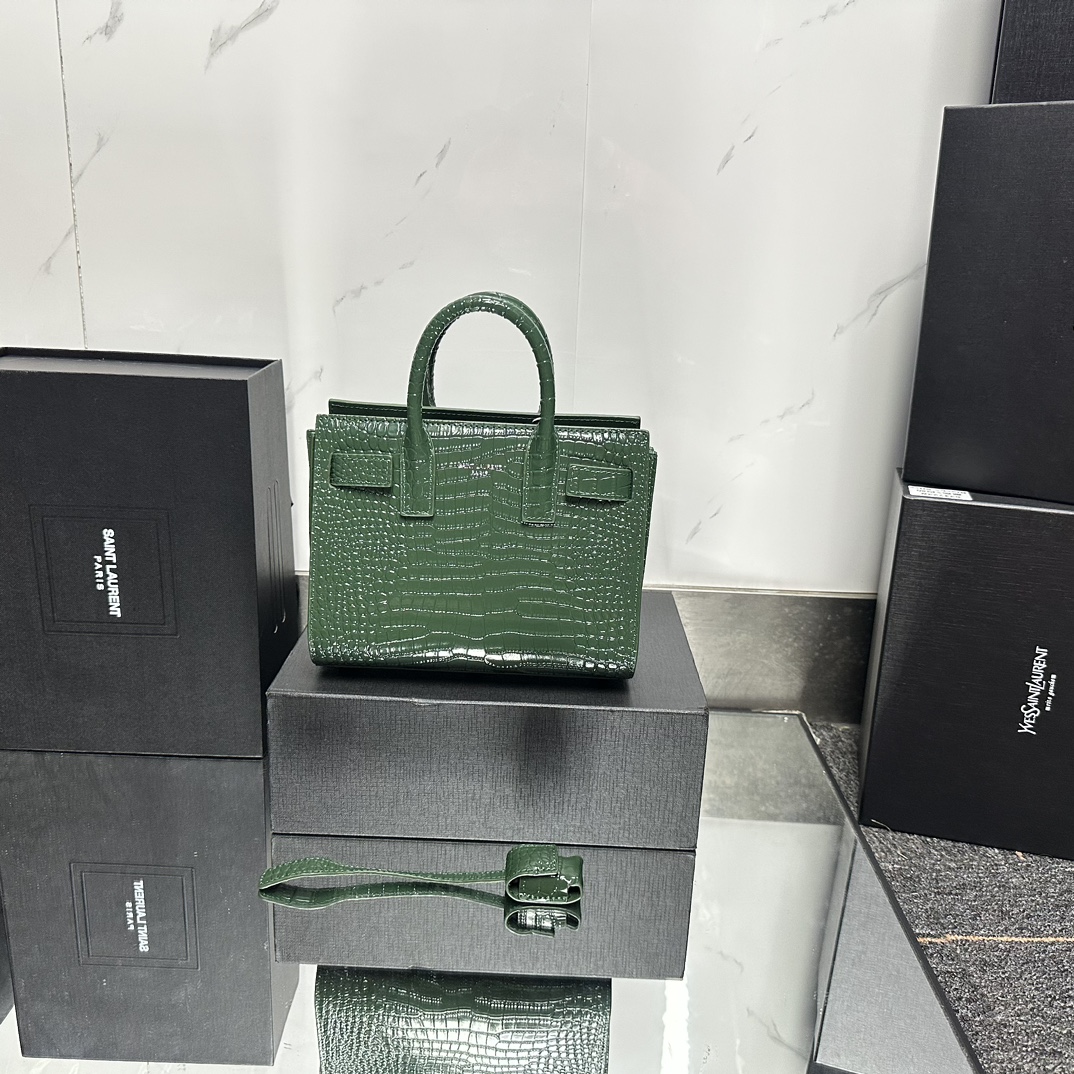 Saint Laurent Green Croc Embossed Leather Nano Classic Sac De Jour Tote - Bag
