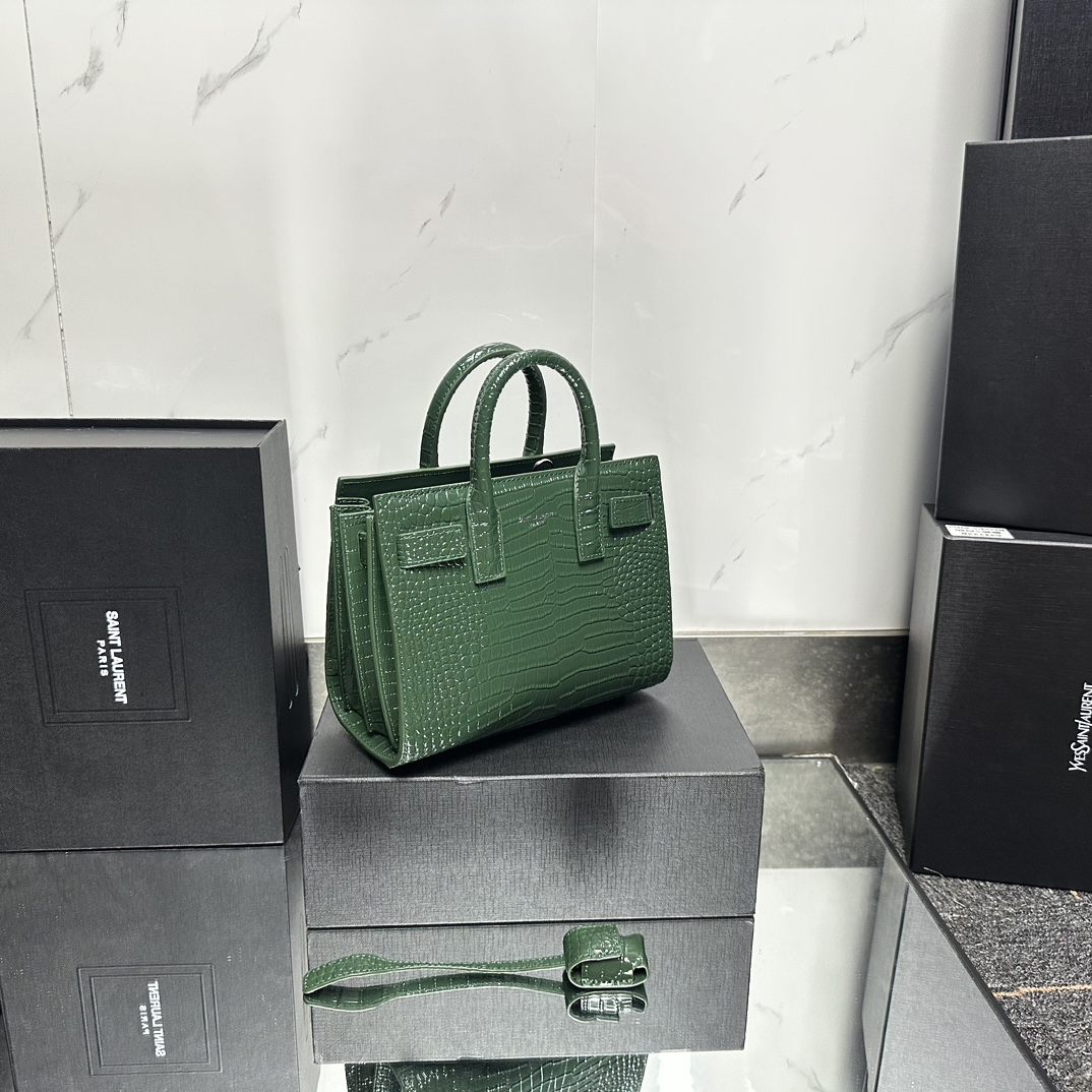 Saint Laurent Green Croc Embossed Leather Nano Classic Sac De Jour Tote - Bag