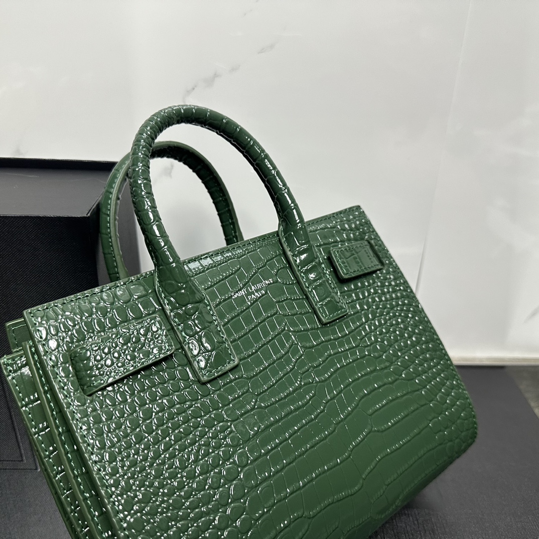 Saint Laurent Green Croc Embossed Leather Nano Classic Sac De Jour Tote - Bag