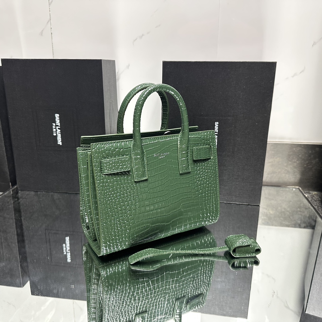 Saint Laurent Green Croc Embossed Leather Nano Classic Sac De Jour Tote - Bag