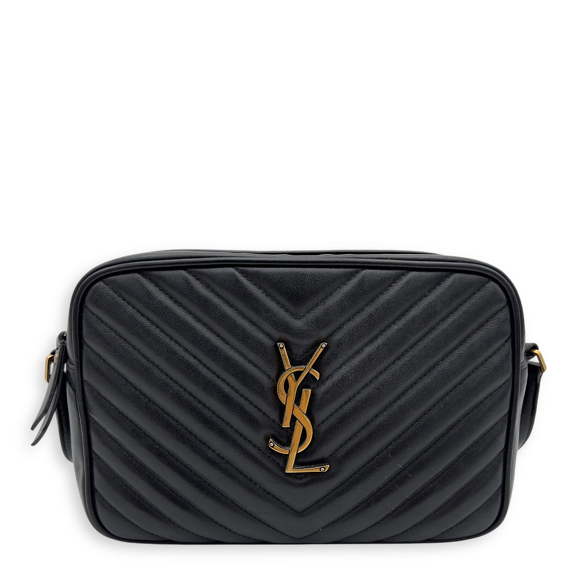 Camera Crossbody Bag Medium Black in Calfskin, Gold hardware