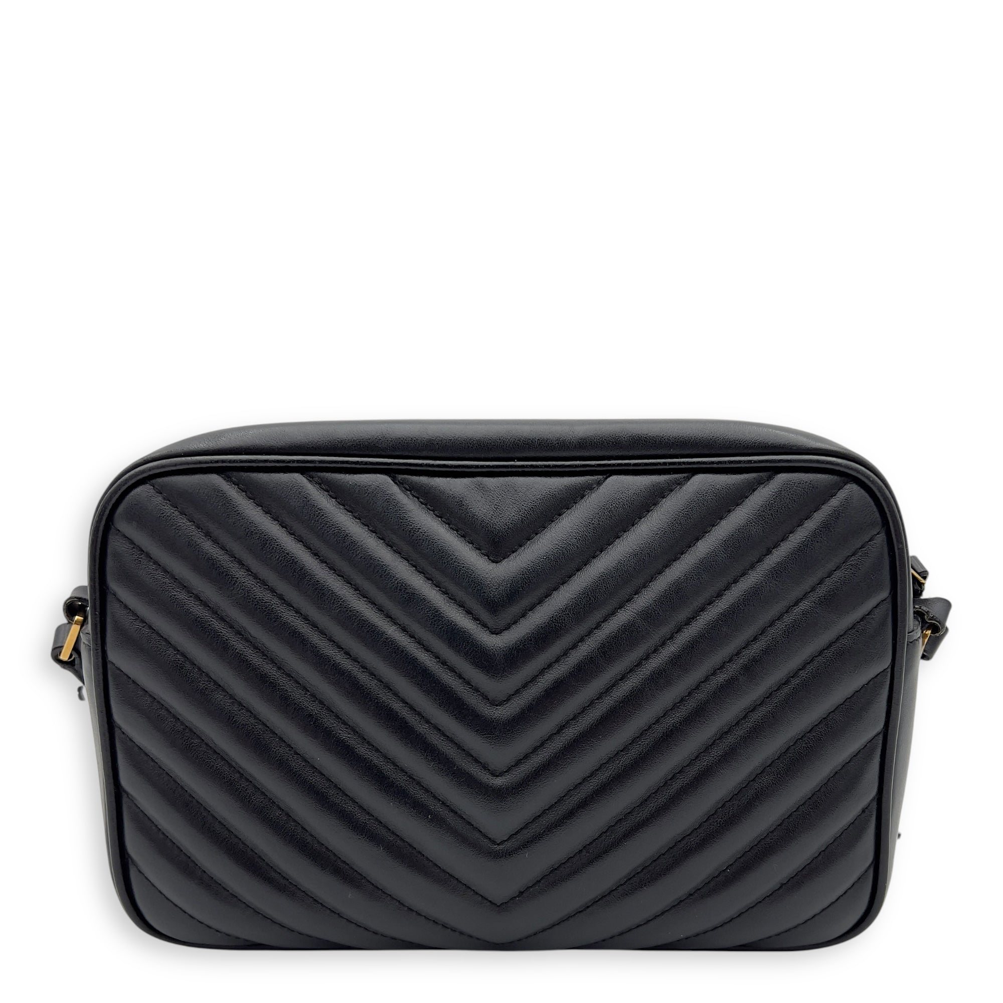 Camera Crossbody Bag Medium Black in Calfskin, Gold hardware