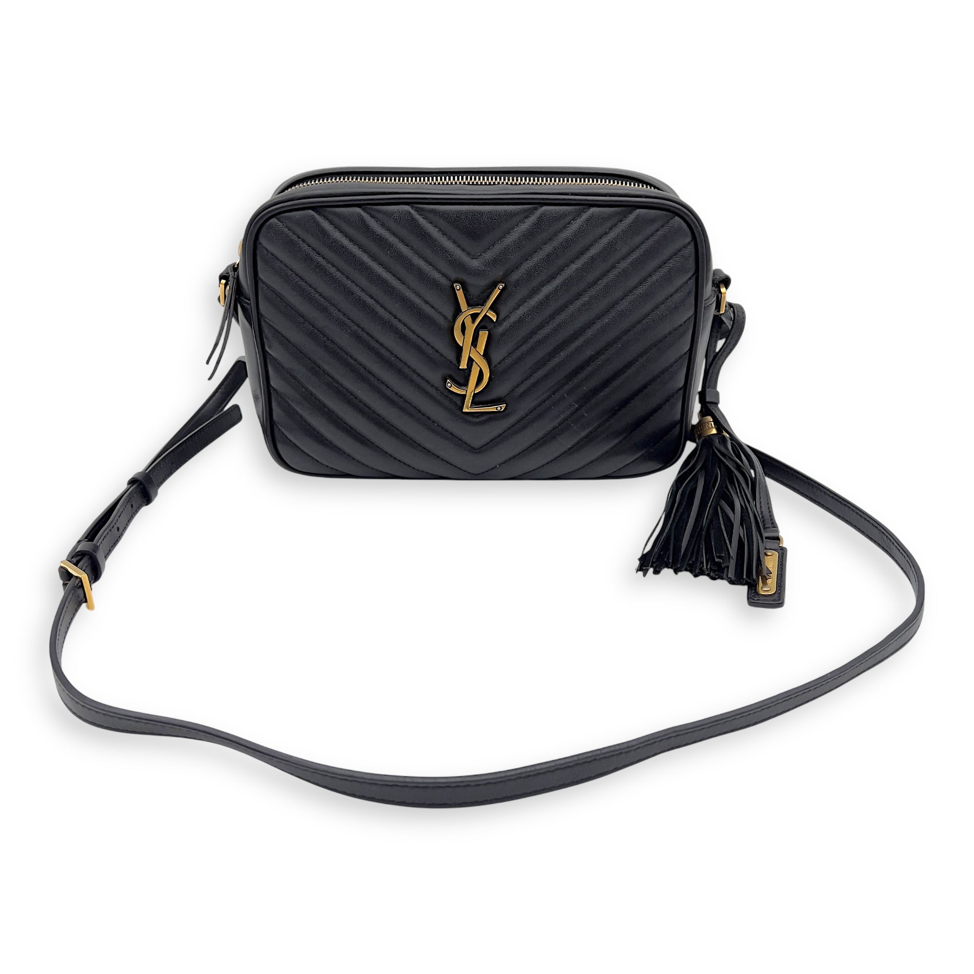 Camera Crossbody Bag Medium Black in Calfskin, Gold hardware