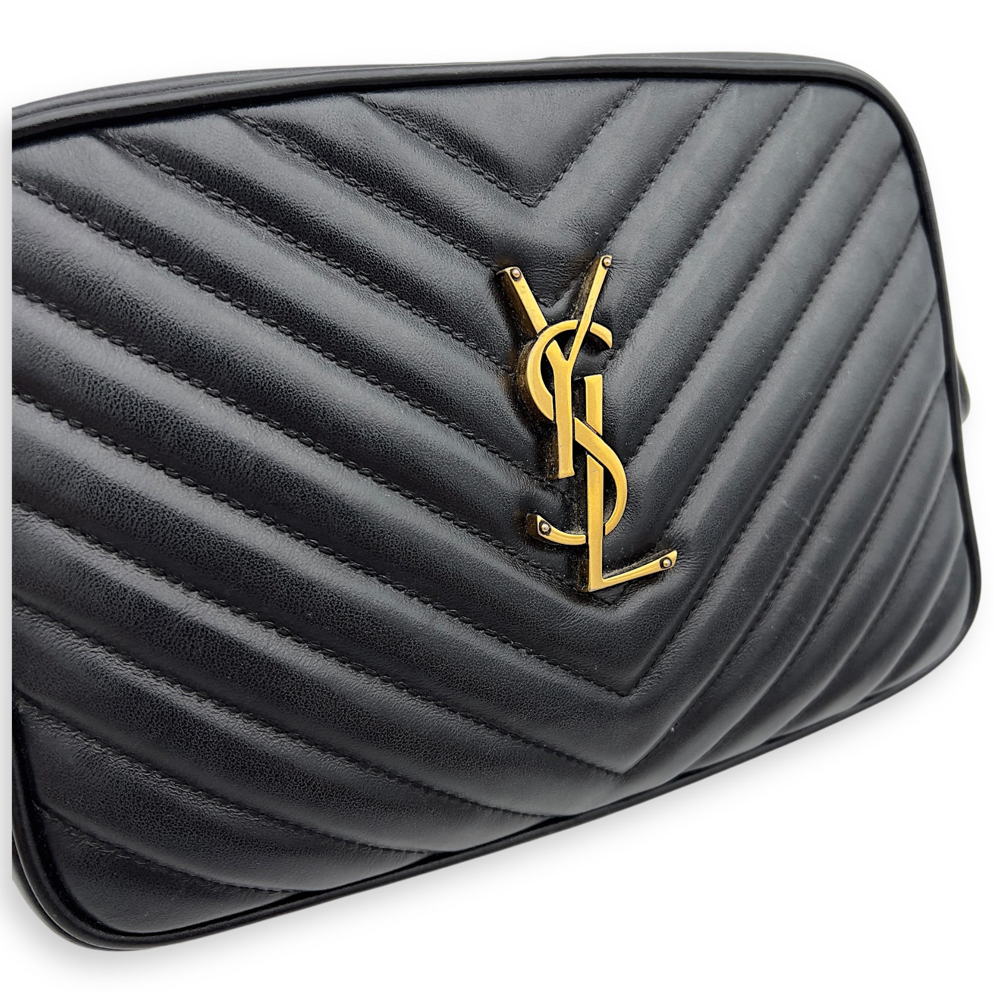 Camera Crossbody Bag Medium Black in Calfskin, Gold hardware
