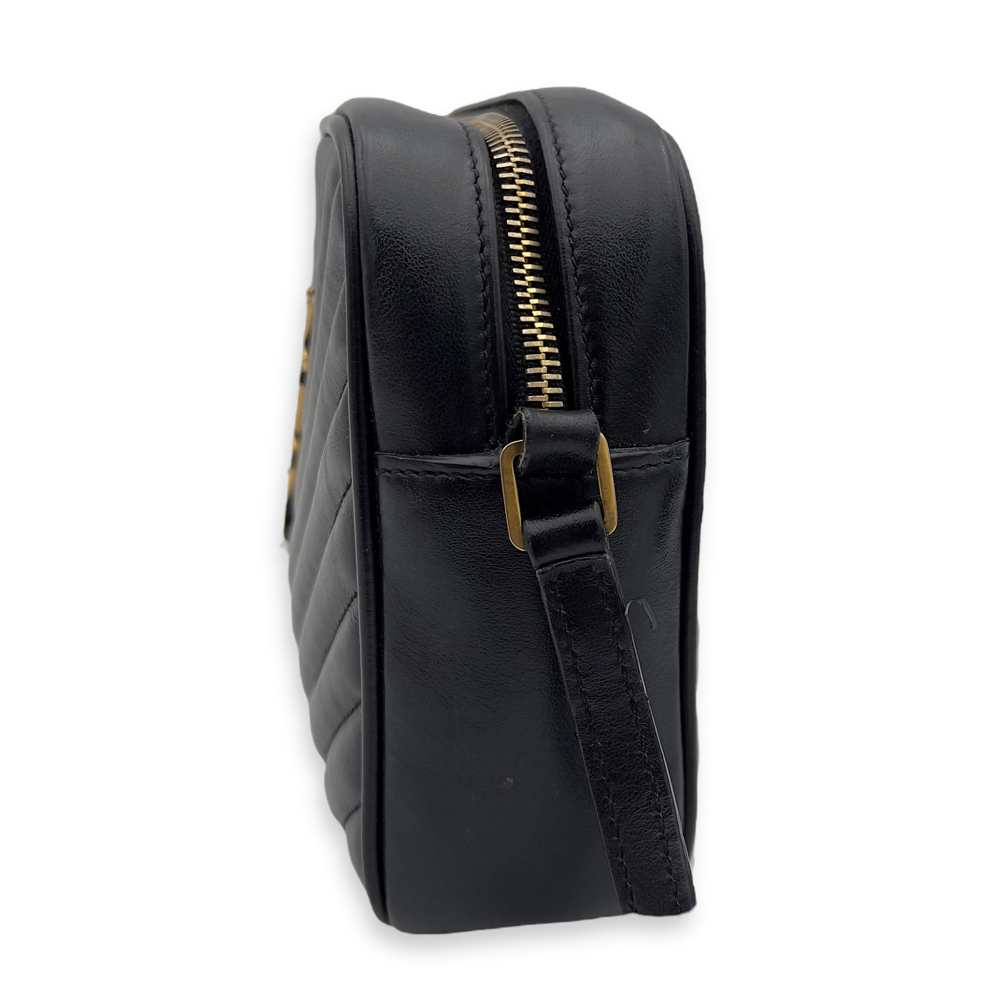 Camera Crossbody Bag Medium Black in Calfskin, Gold hardware