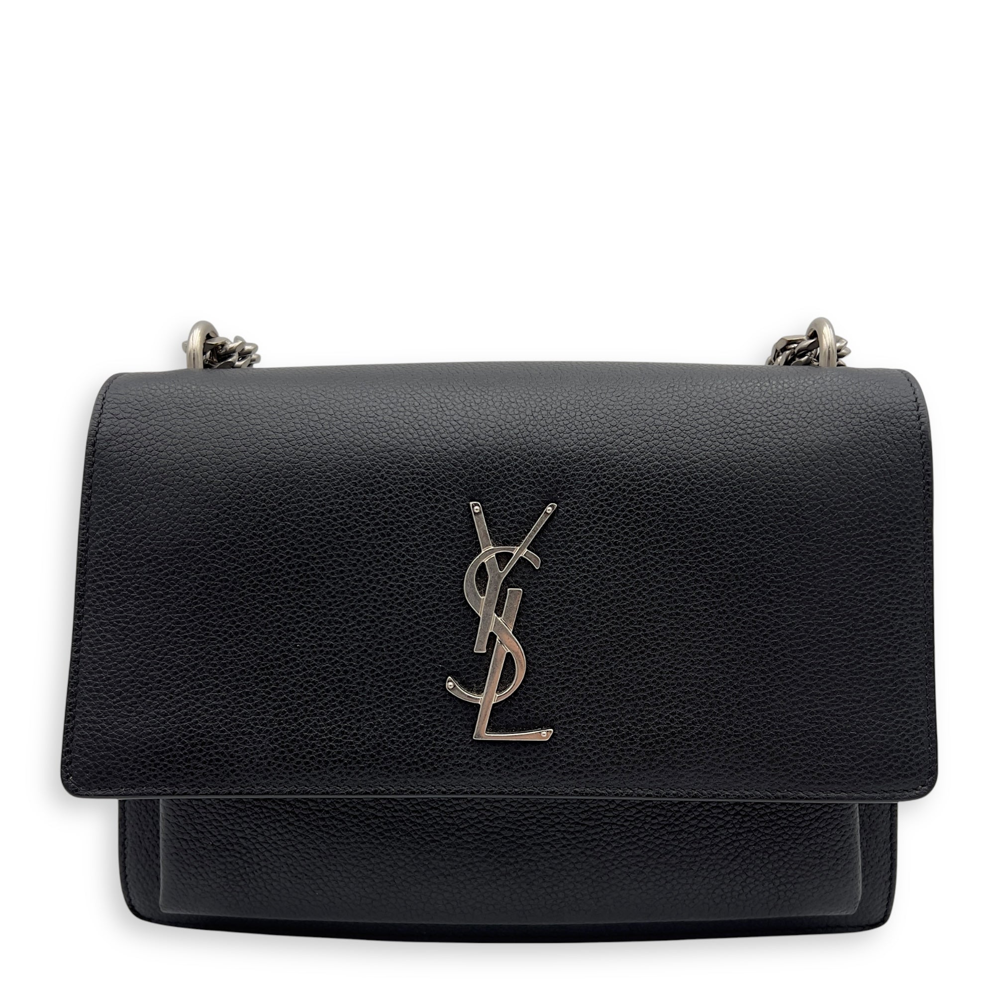Sunset Medium Black Shoulder Bag in Calfskin, Silver hardware