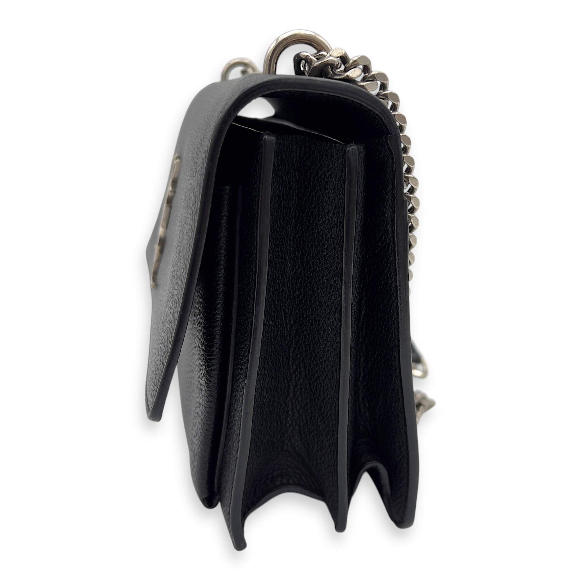 Sunset Medium Black Shoulder Bag in Calfskin, Silver hardware