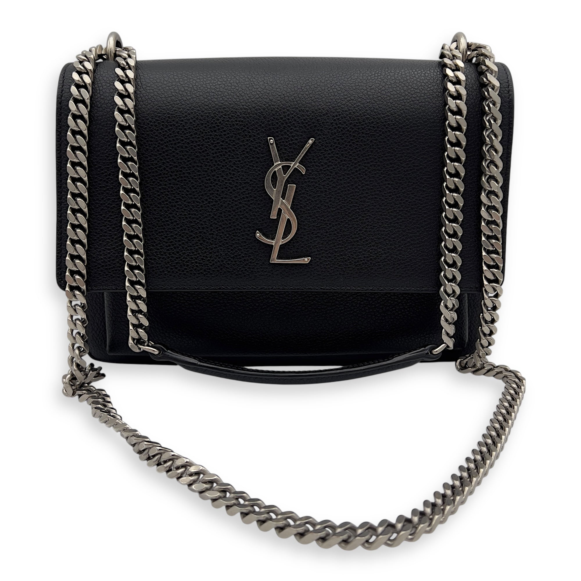 Sunset Medium Black Shoulder Bag in Calfskin, Silver hardware