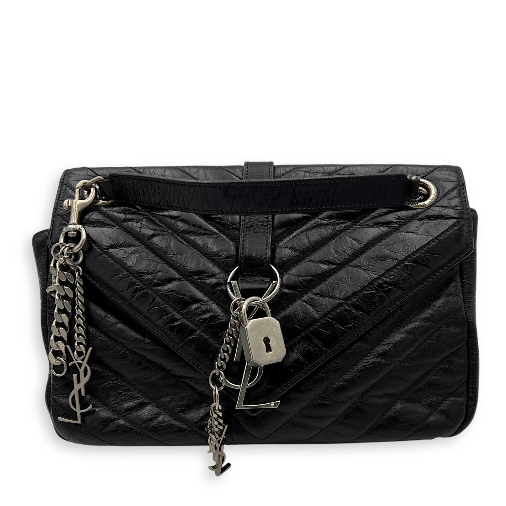 Classic Monogramme College Black Shoulder Bag in Calfskin, Silver hardware