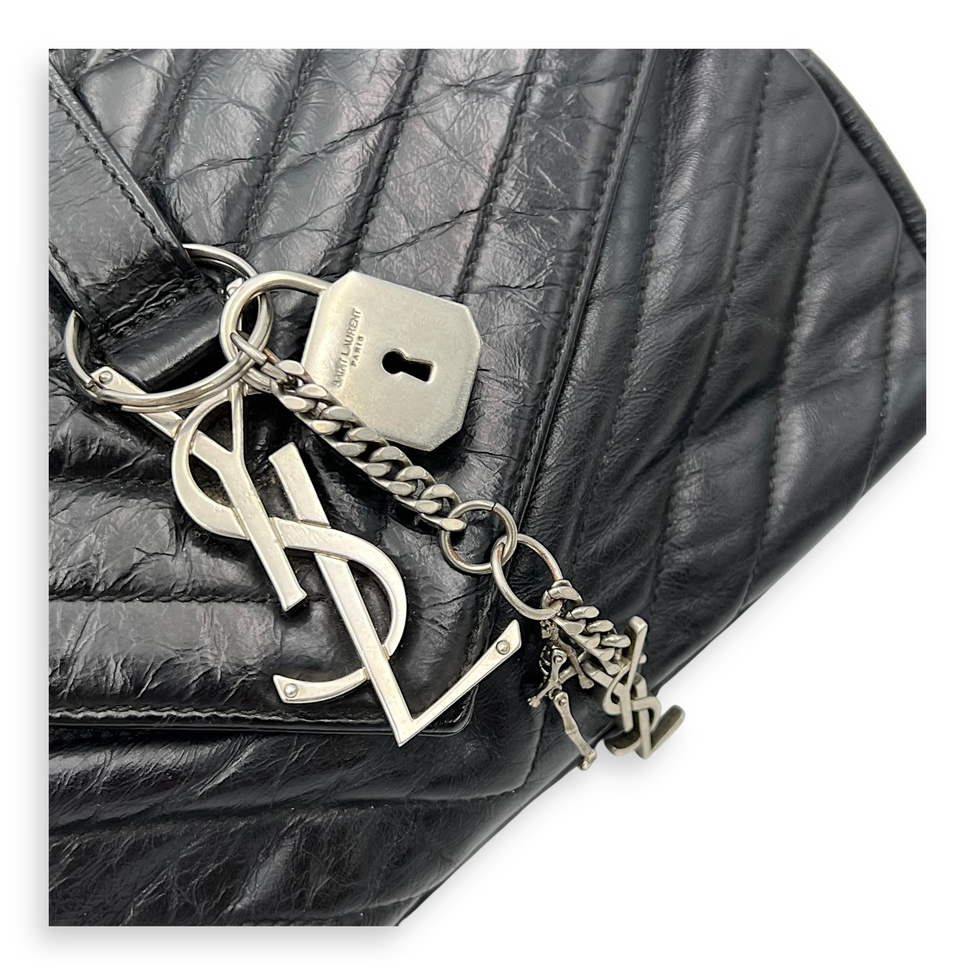 Classic Monogramme College Black Shoulder Bag in Calfskin, Silver hardware