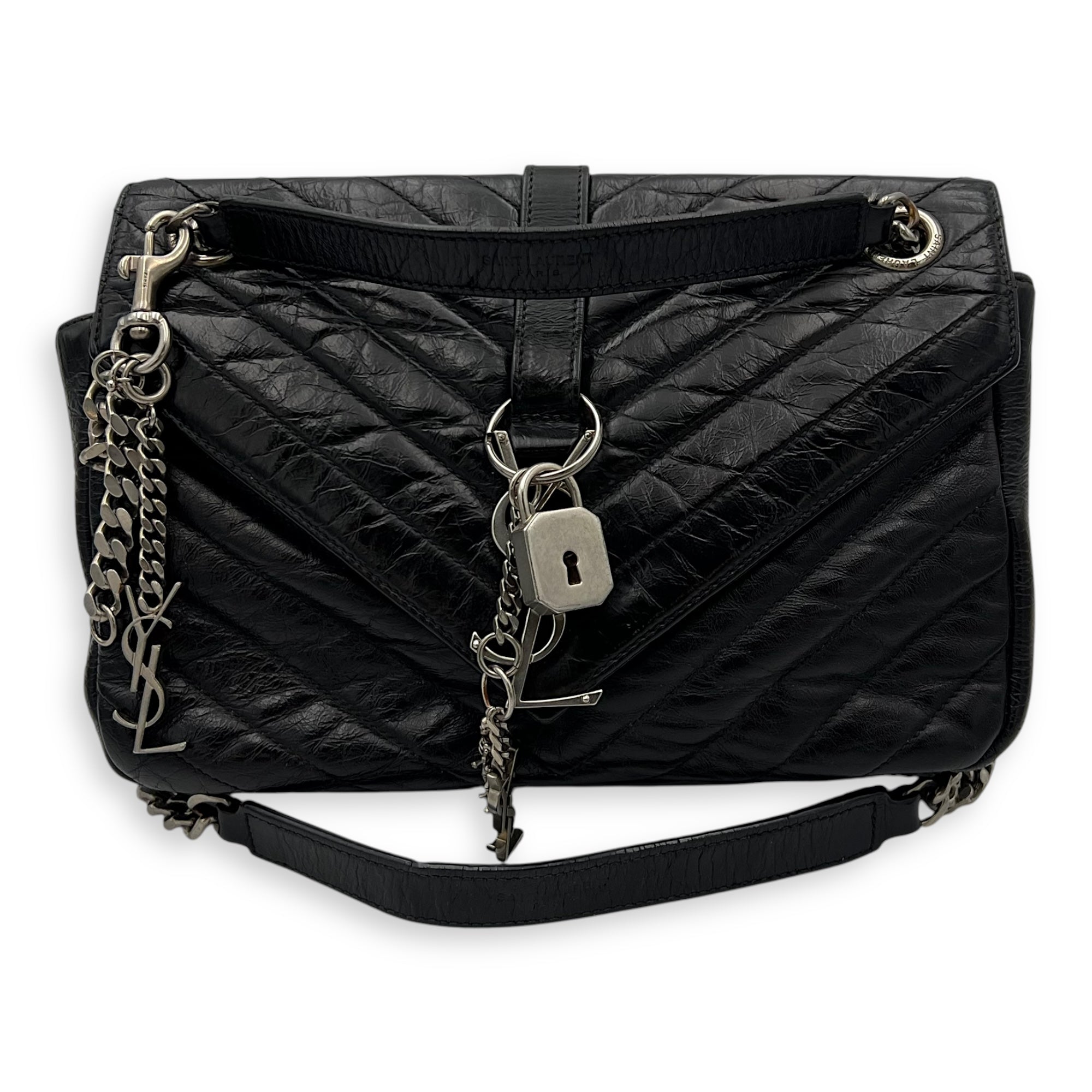 Classic Monogramme College Black Shoulder Bag in Calfskin, Silver hardware