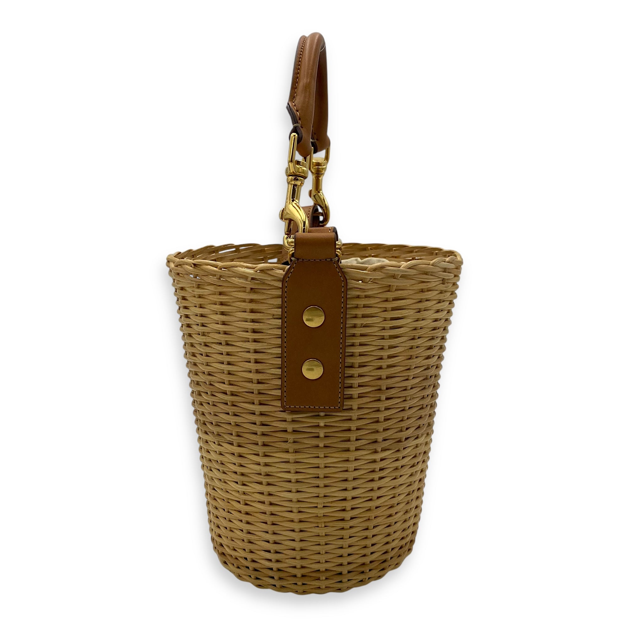 Wicker Bucket Brown Top Handle Bag in Rattan, Gold hardware