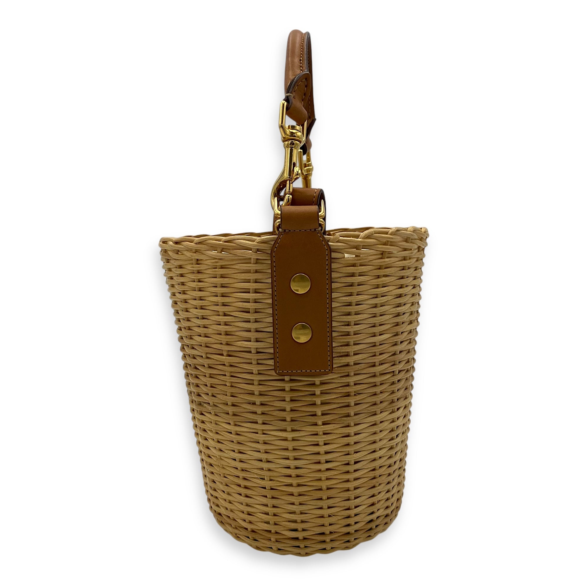 Wicker Bucket Brown Top Handle Bag in Rattan, Gold hardware