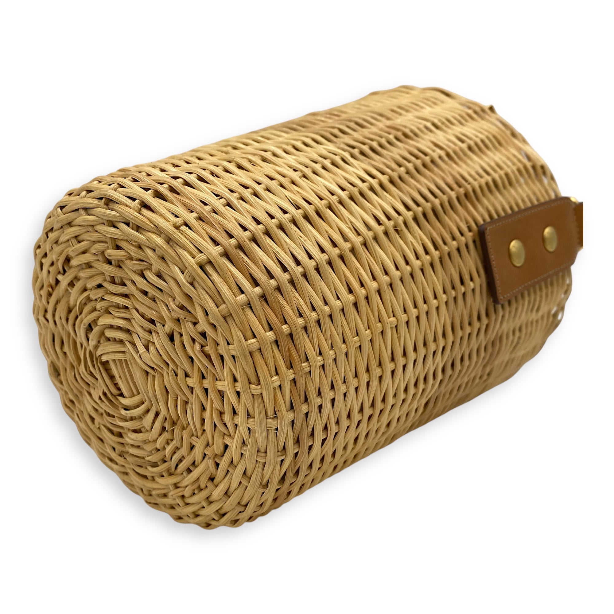 Wicker Bucket Brown Top Handle Bag in Rattan, Gold hardware