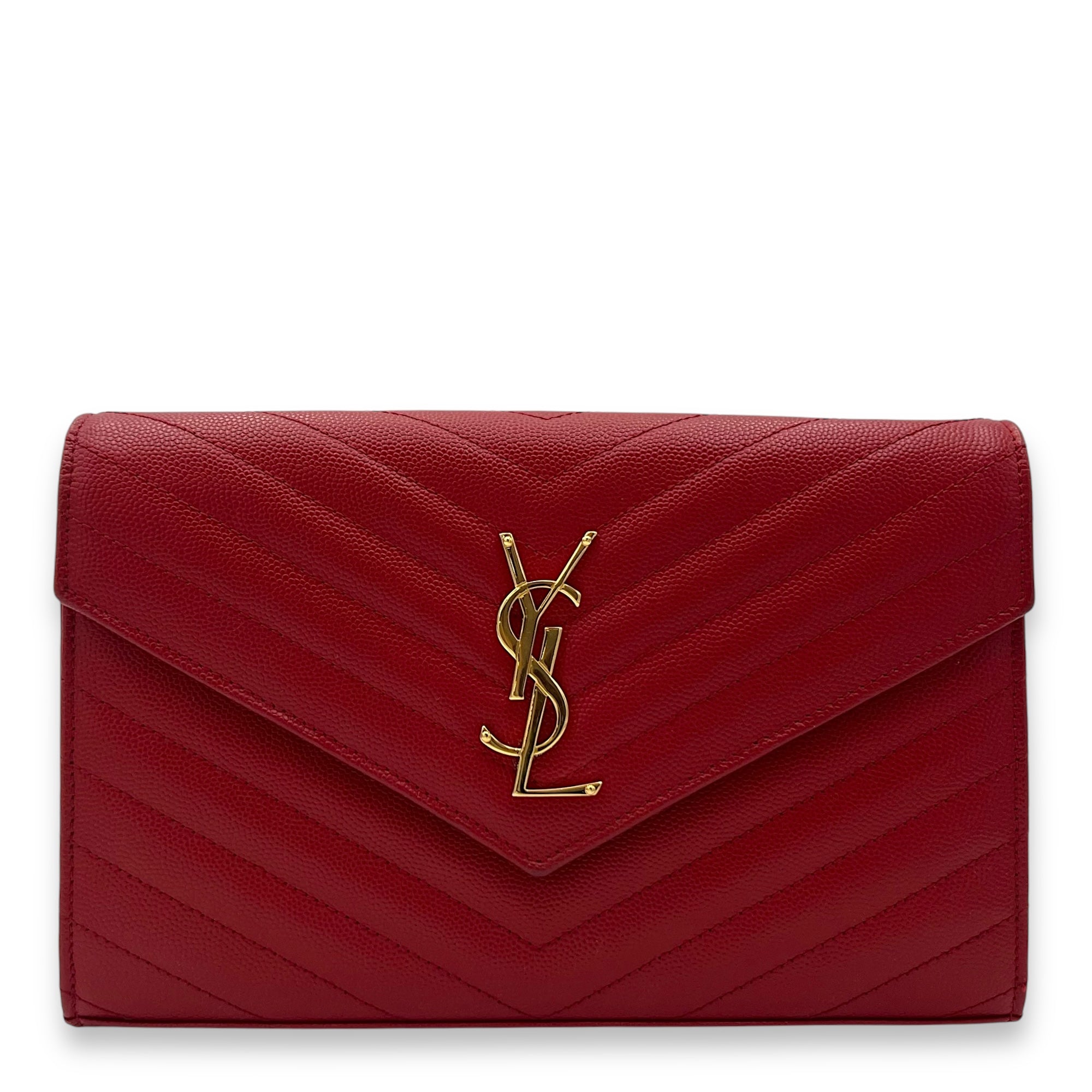 Envelope Wallet On Chain Red in Caviar Leather, Gold hardware
