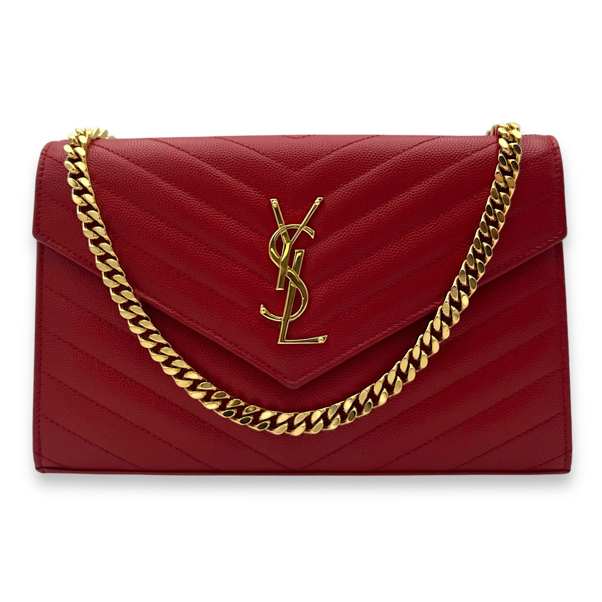 Envelope Wallet On Chain Red in Caviar Leather, Gold hardware