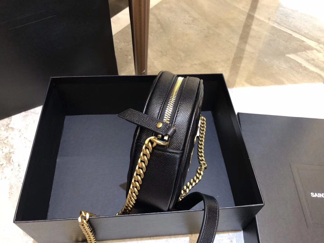 YSL Vinyle Round Camera BAG In Chevron Quilted Grain De Poudre Embossed Leather