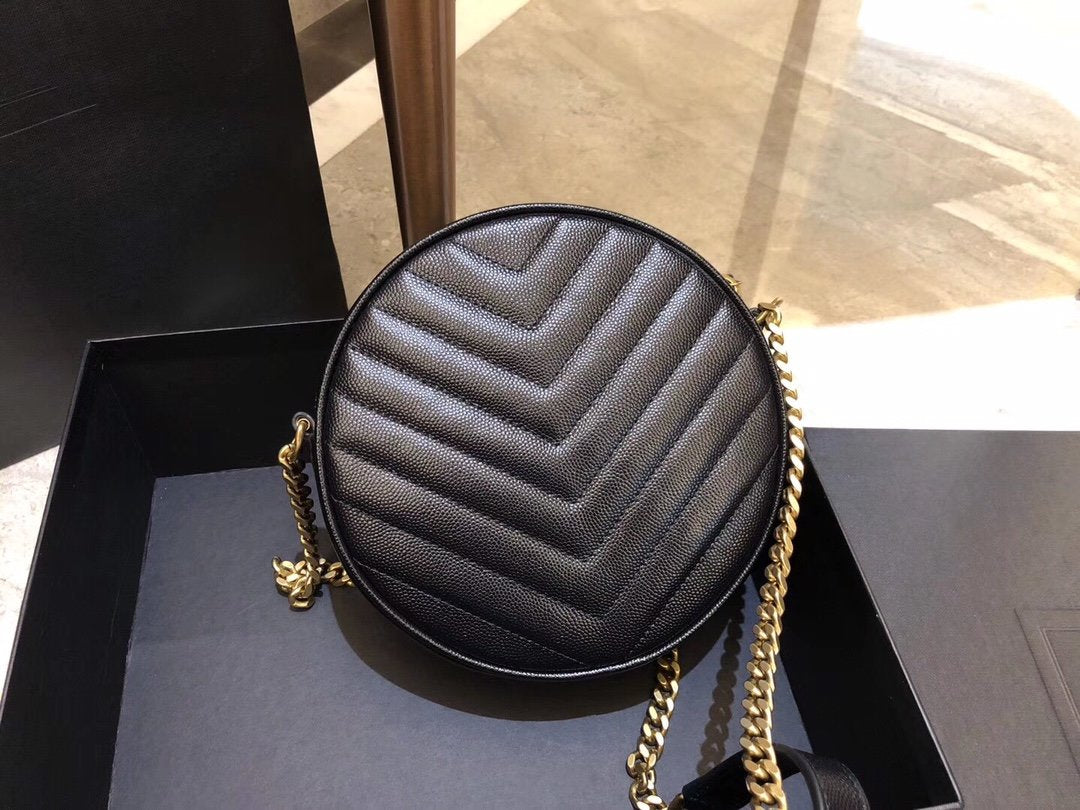 YSL Vinyle Round Camera BAG In Chevron Quilted Grain De Poudre Embossed Leather