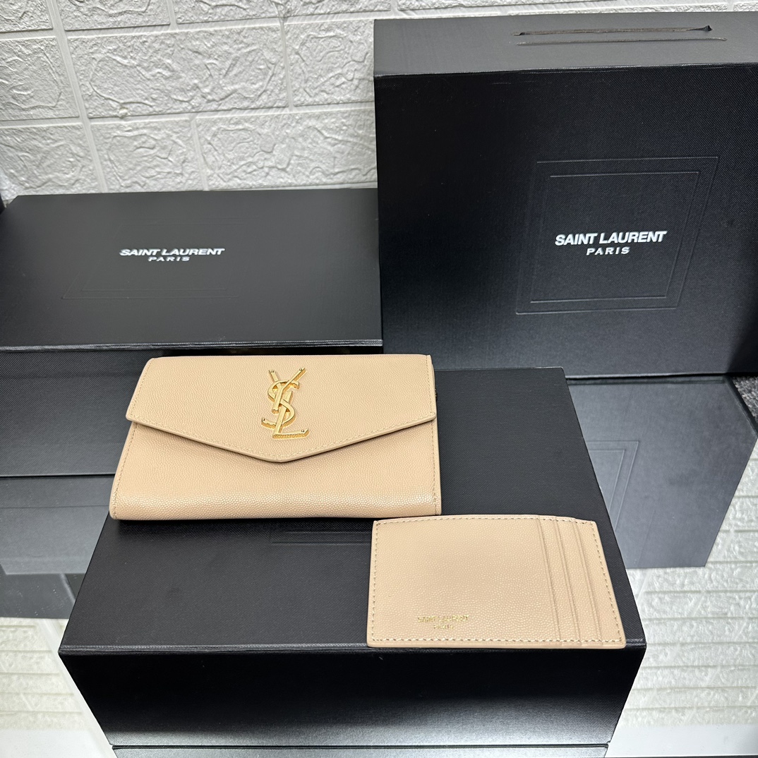 SAINT LAURENT Grain De Poudre Monogram Uptown Chain Wallet Dark Beige-Gold hardware - Bag