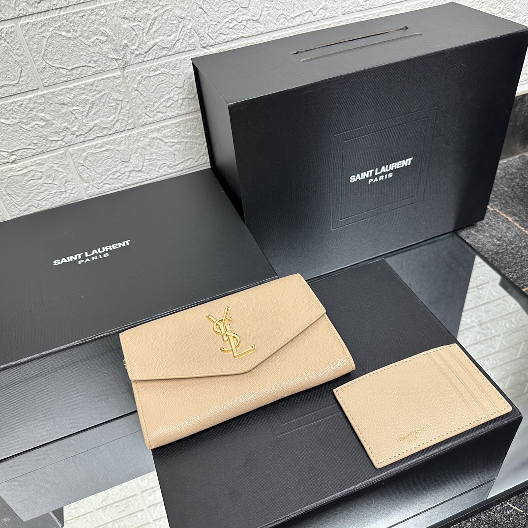SAINT LAURENT Grain De Poudre Monogram Uptown Chain Wallet Dark Beige-Gold hardware - Bag