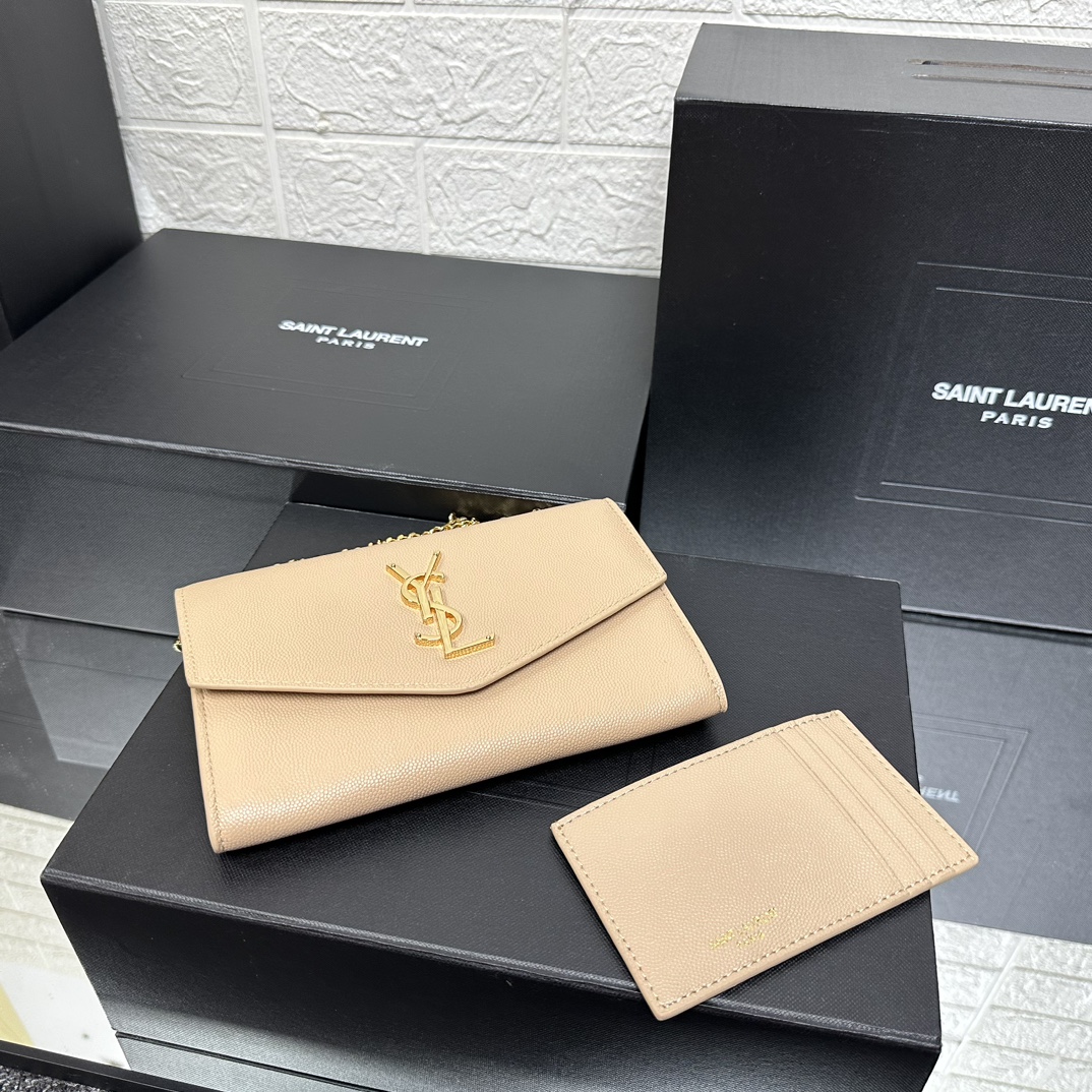 SAINT LAURENT Grain De Poudre Monogram Uptown Chain Wallet Dark Beige-Gold hardware - Bag