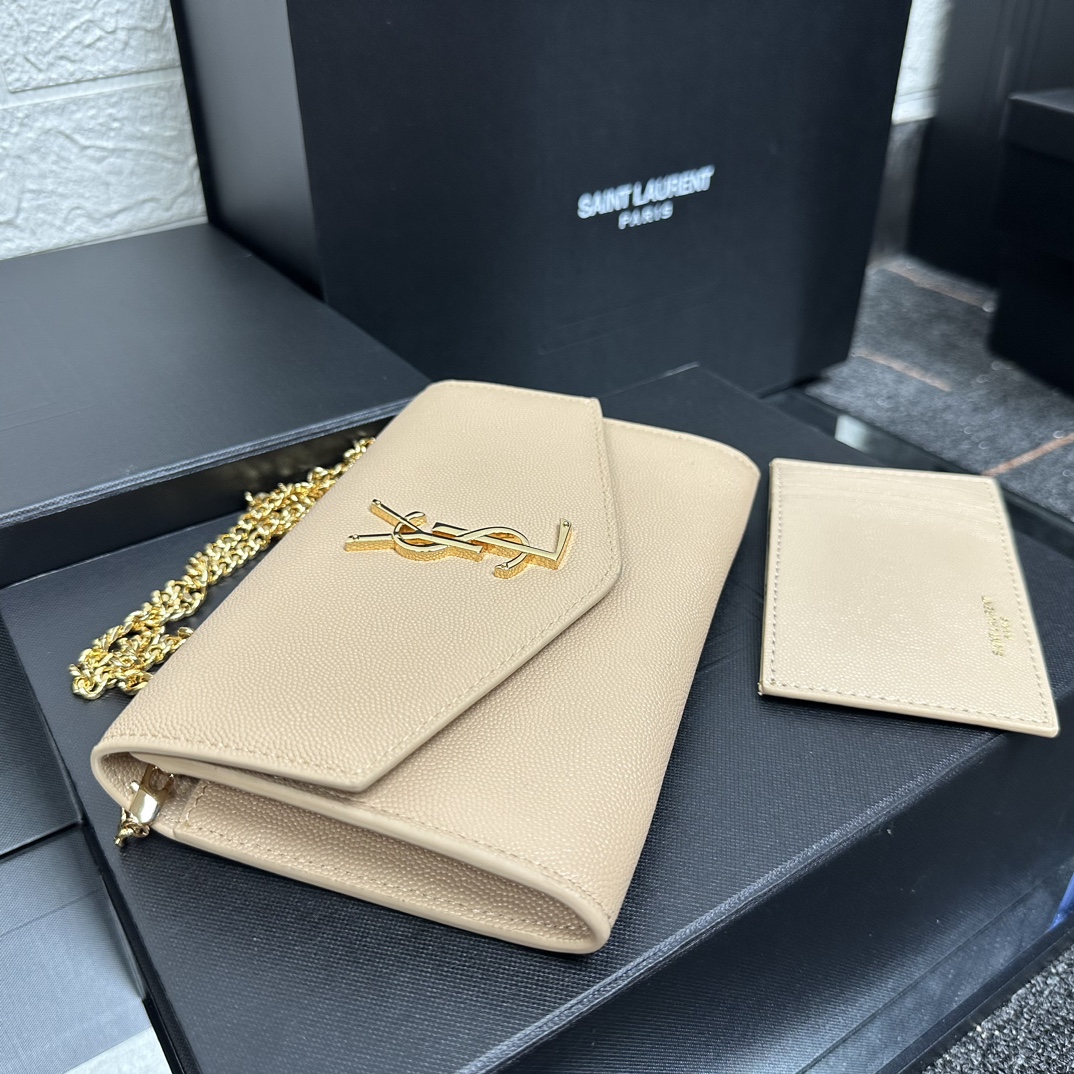 SAINT LAURENT Grain De Poudre Monogram Uptown Chain Wallet Dark Beige-Gold hardware - Bag