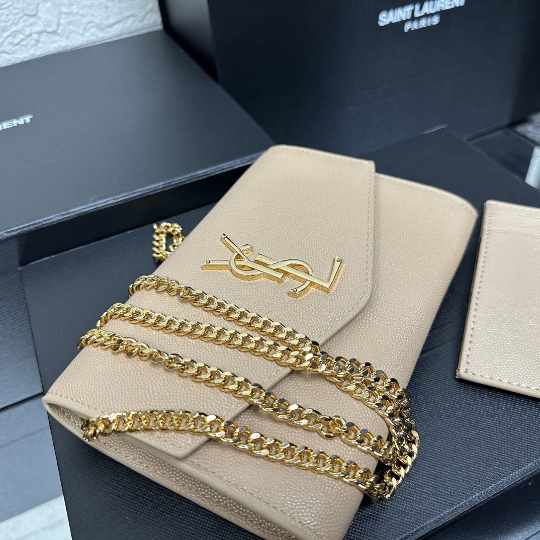 SAINT LAURENT Grain De Poudre Monogram Uptown Chain Wallet Dark Beige-Gold hardware - Bag